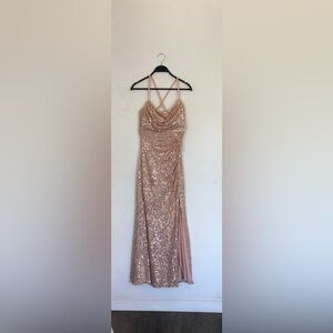 Camille La Vie Rose Gold Sequin Cowl Jumpsuit with Crossback Straps